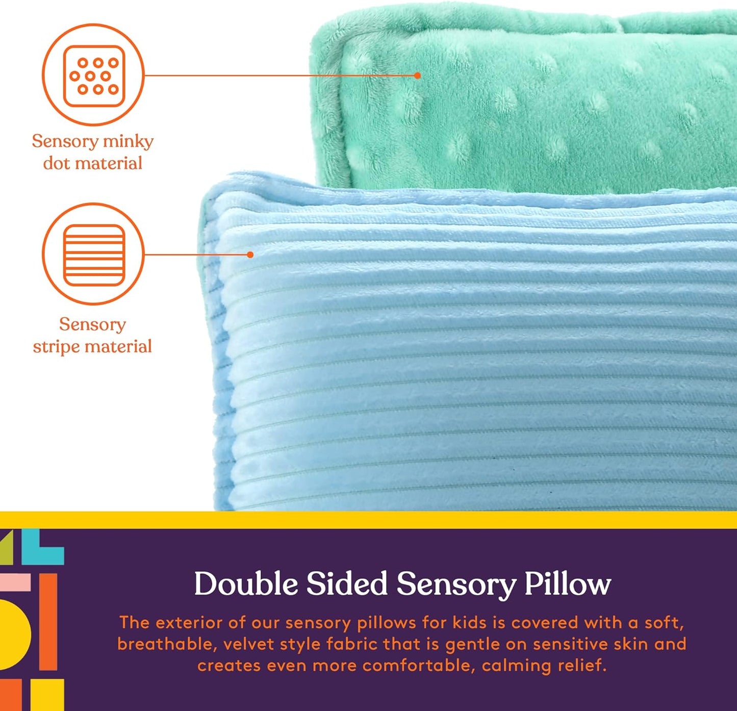 Sensory vibrating pillow covers: teal dot fabric and blue striped fabric