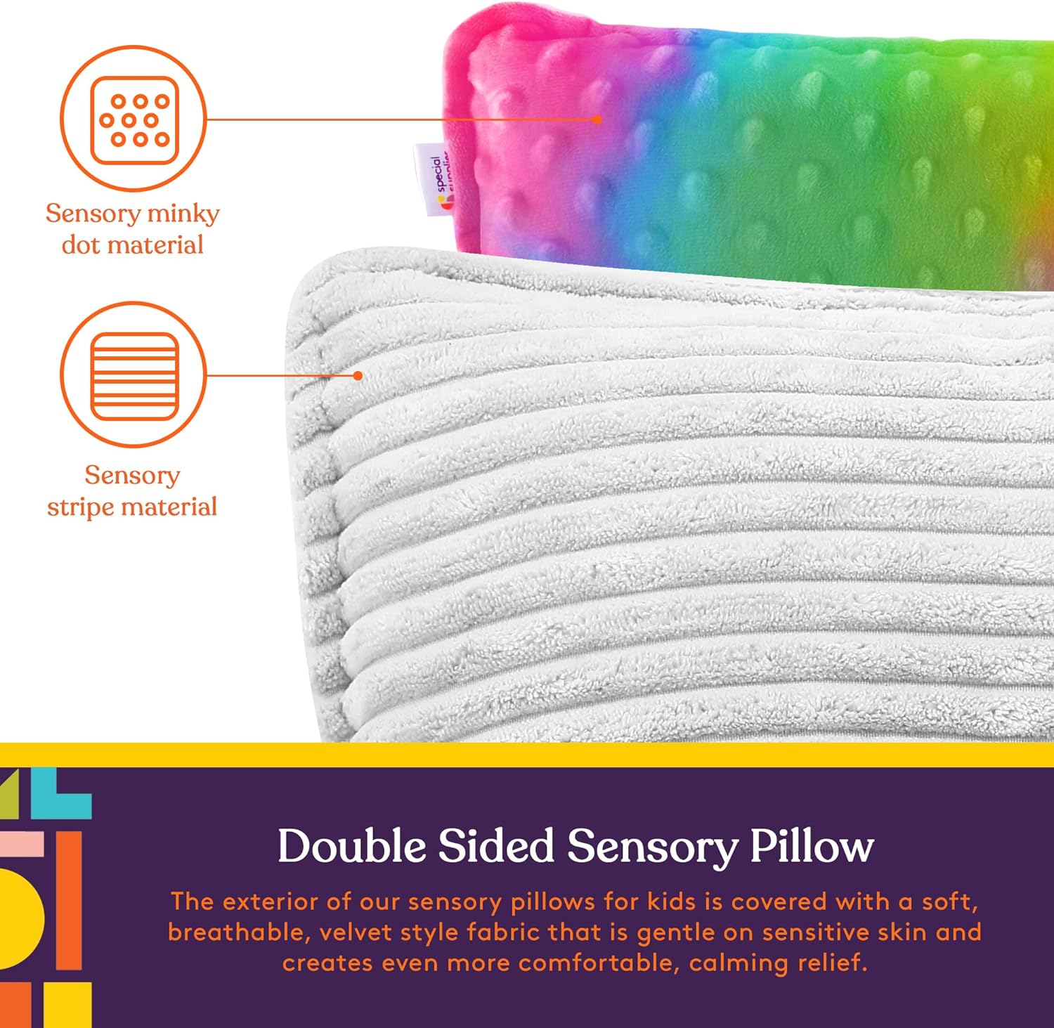 Double-sided sensory pillow: gray plush stripes on one side, rainbow dotted on the other