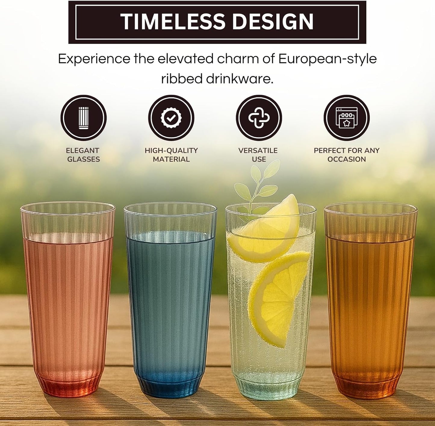 Set of four tall ribbed tumbler glasses with citrus, translucent muted colors