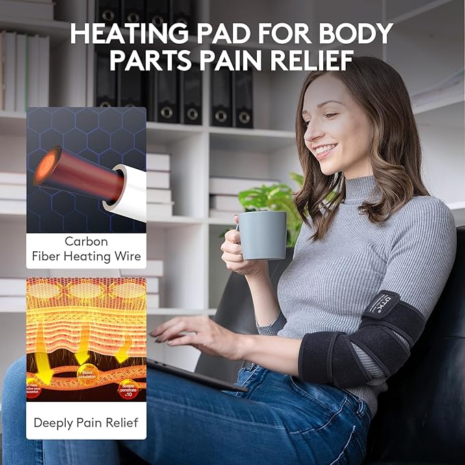 Far infrared heating pad wrap on arm with black straps and connected controller