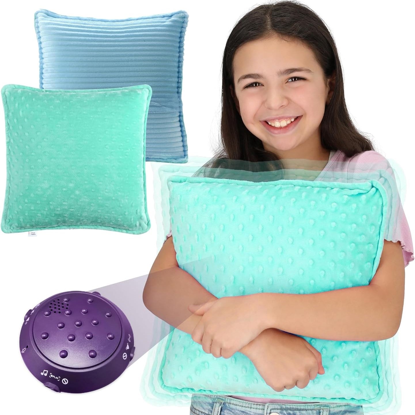 Sensory vibrating pillow set with teal dot cover and blue ribbed cover, plus purple control puck