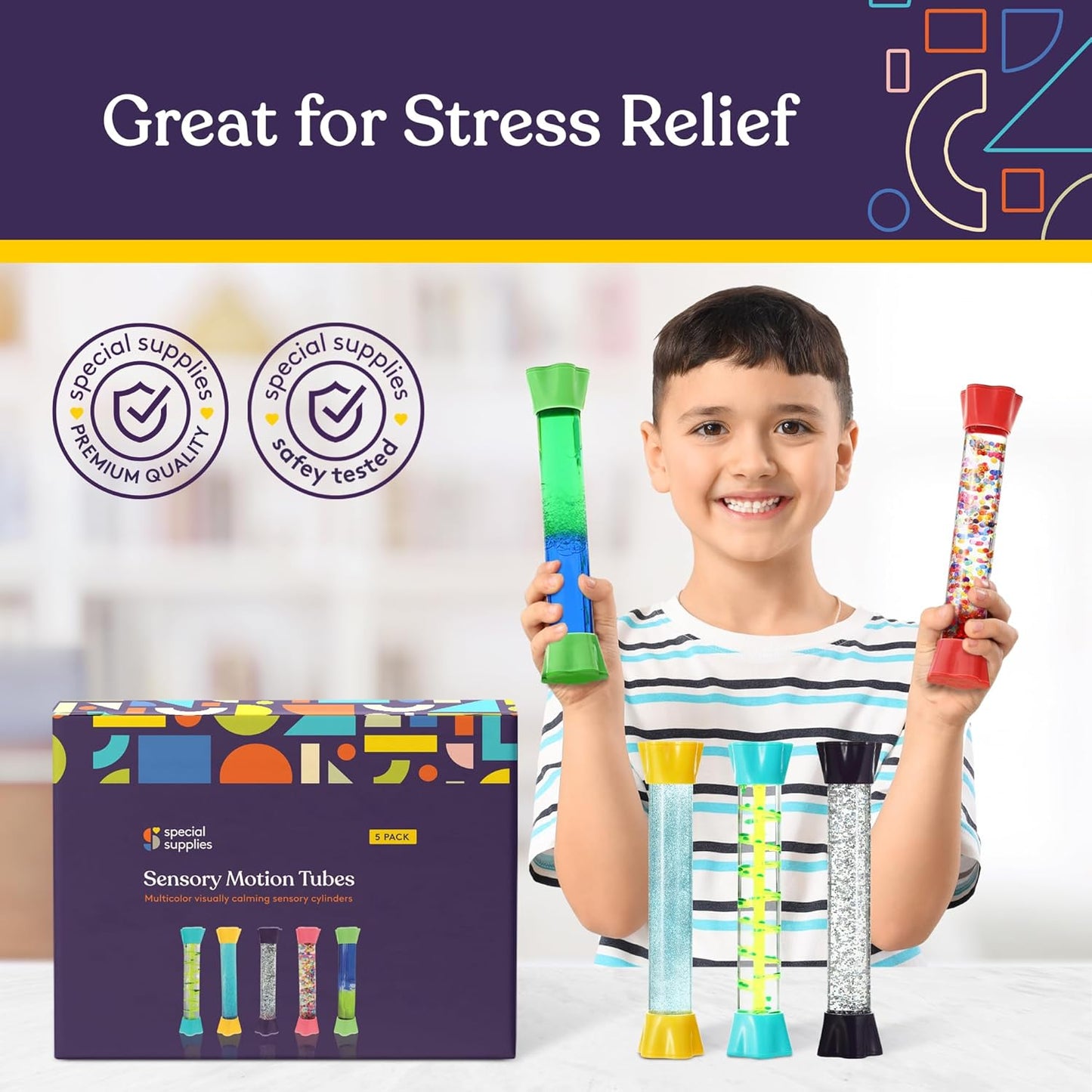 Green and red liquid motion sensory tubes with glitter and bead-filled chambers