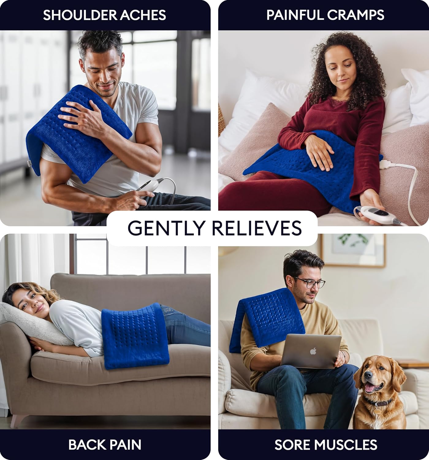 Space blue heating pad placed on shoulder, back, and sore areas