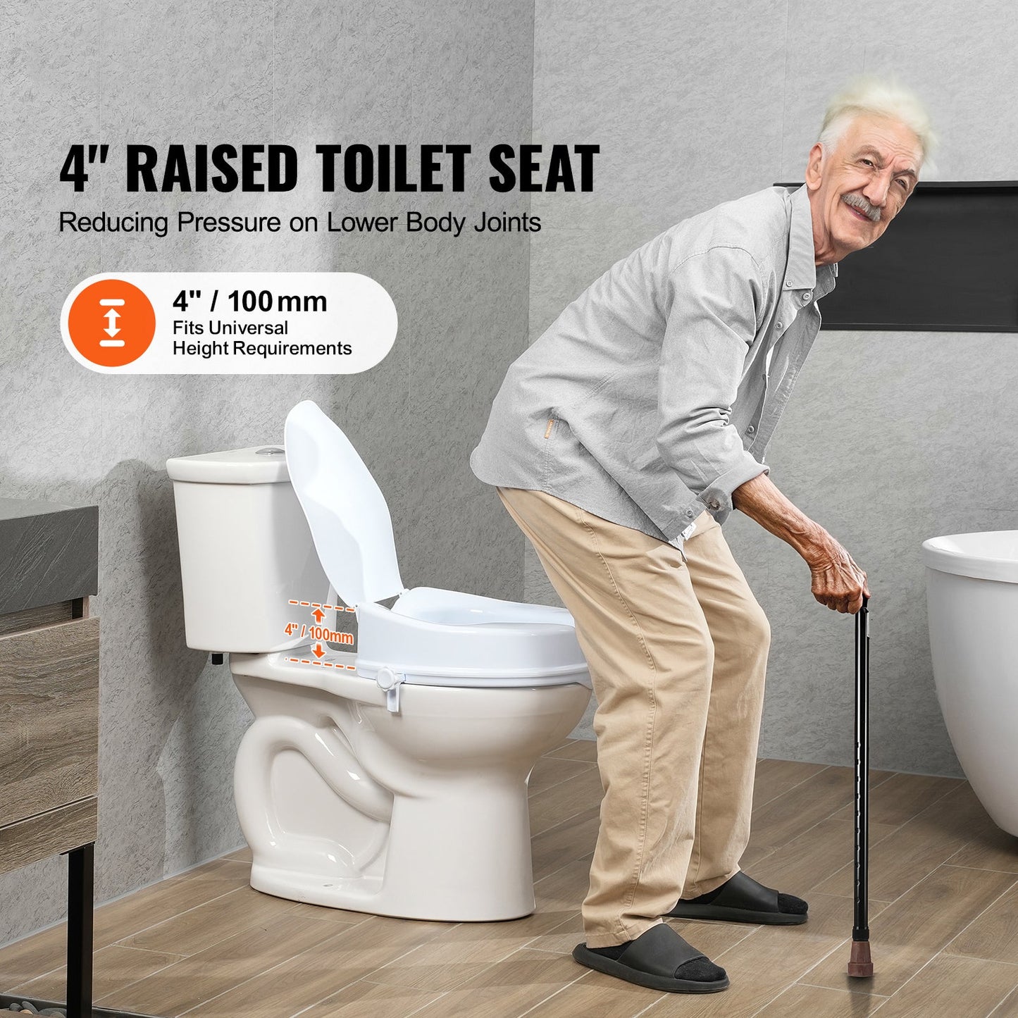 Raised toilet seat on standard toilet, white contoured seat with rear fit