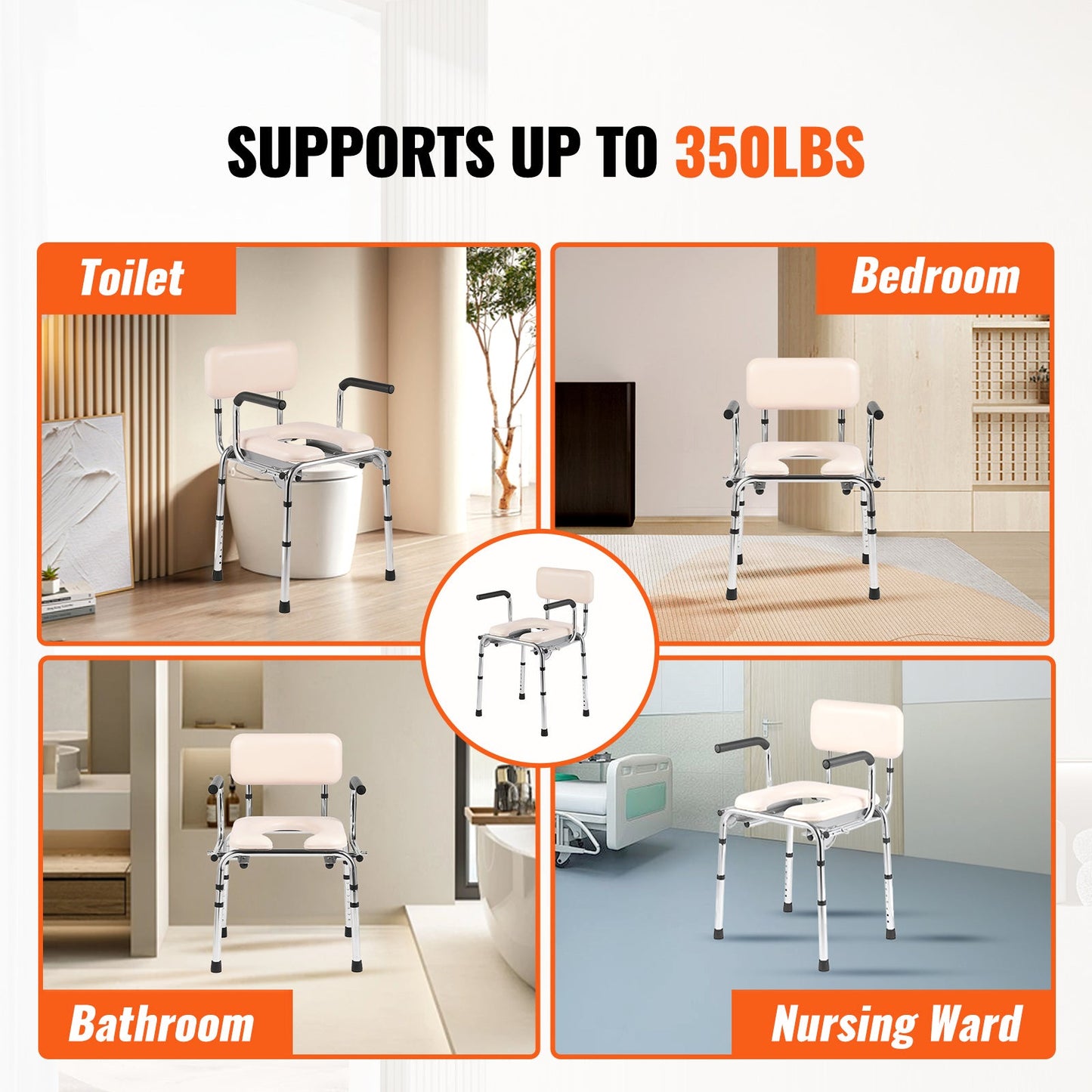 Beige commode chair with drop-down arms and plastic bucket attachment