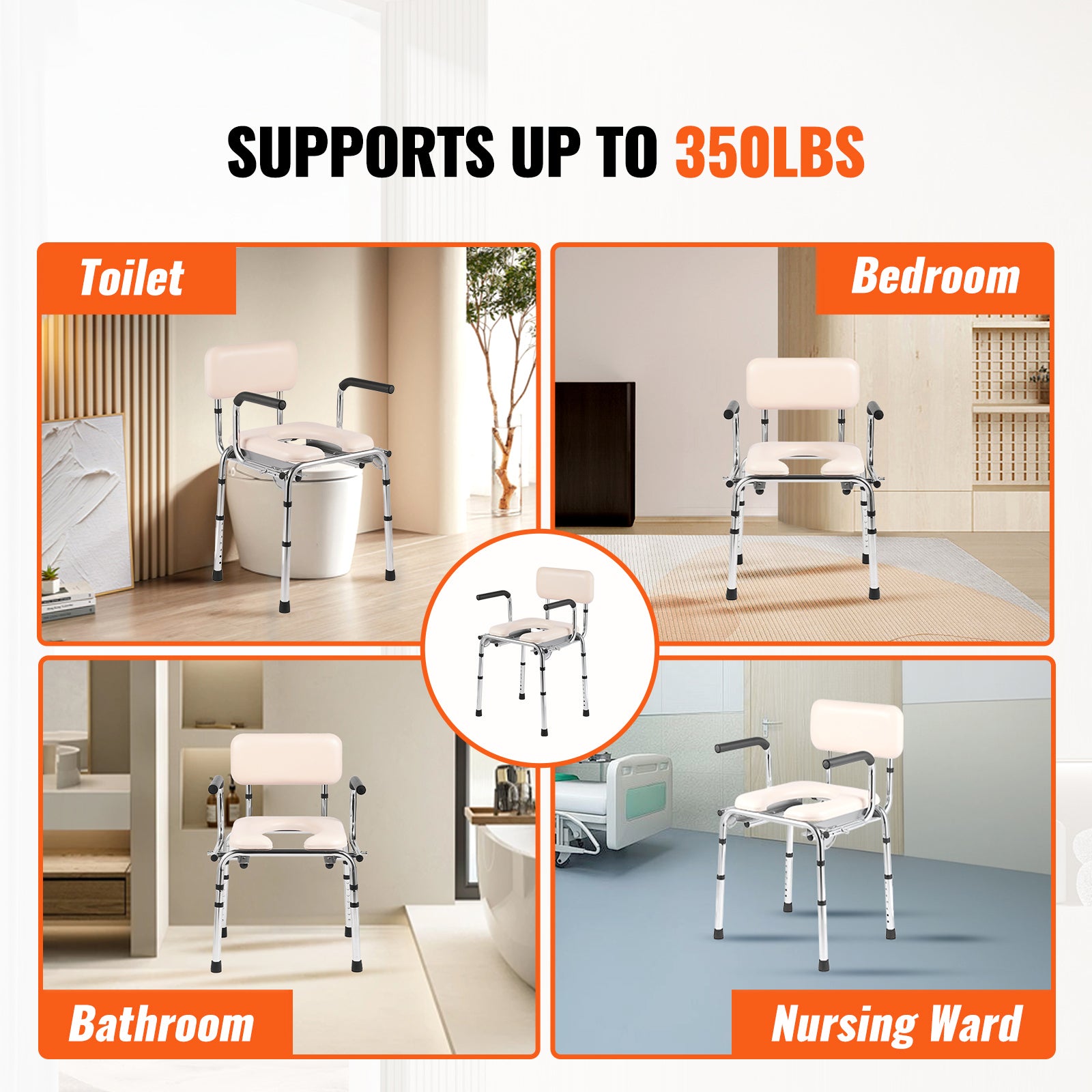 Beige commode chair with drop-down arms and plastic bucket attachment