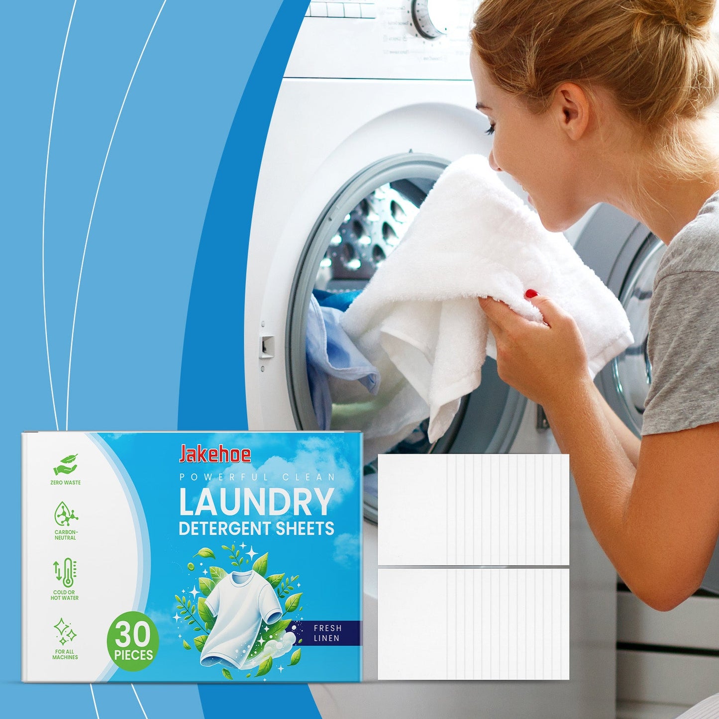 Laundry detergent sheets box beside white cleaning sheets and ribbed tray