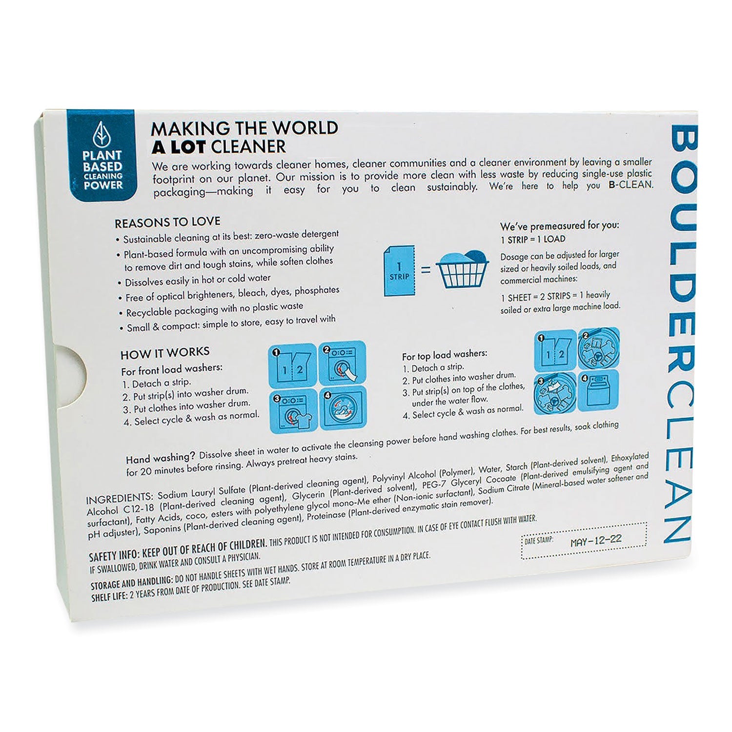 Laundry detergent sheets package back panel with instructions and dosing icons