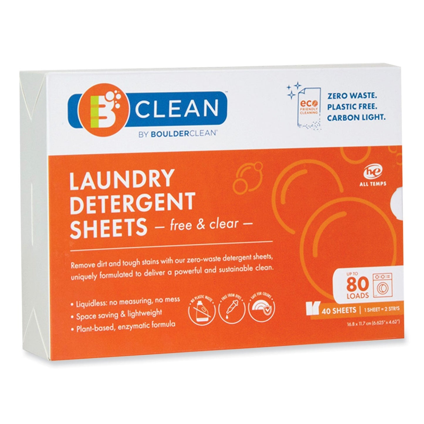 Laundry detergent sheets box with blue and orange label, 40 sheets, free & clear