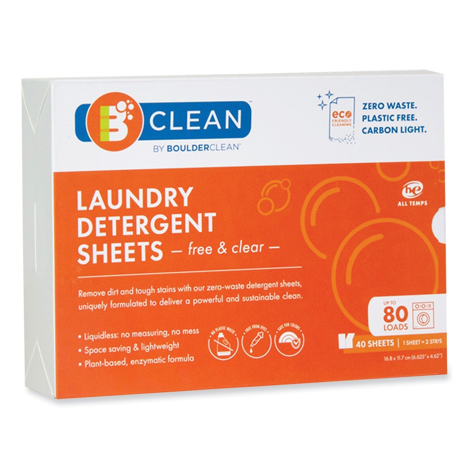 Laundry detergent sheets box with blue and orange label, 40 sheets, free & clear