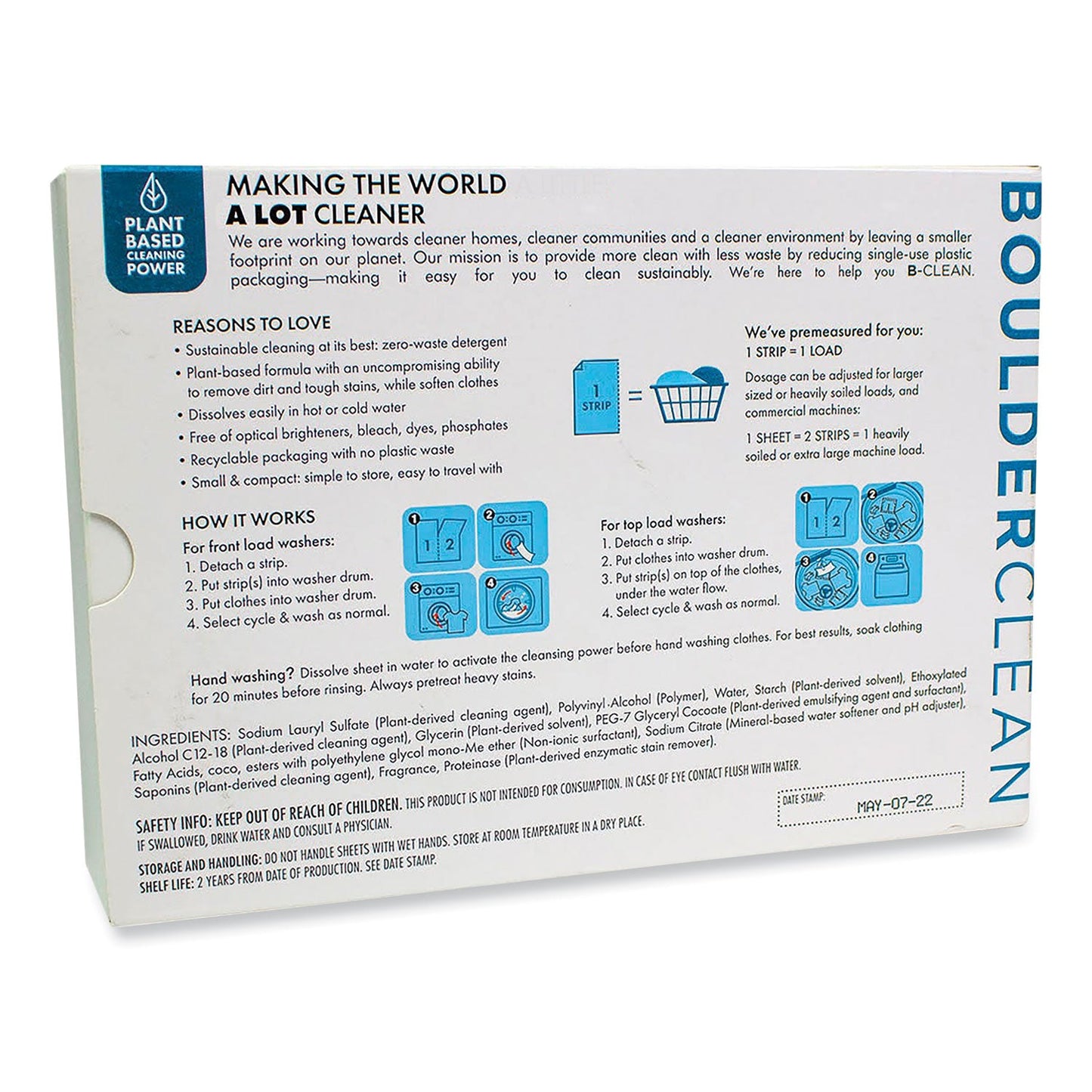 Laundry detergent sheets box side panel with instructions and ingredient text