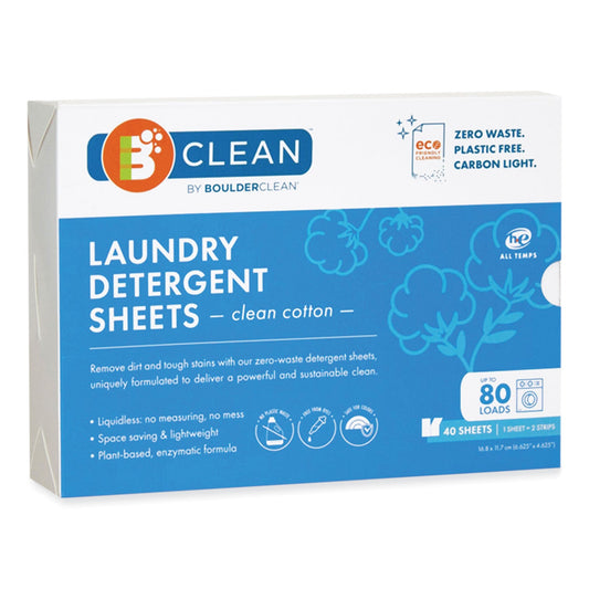 Laundry detergent sheets box, blue front with Clean by BoulderClean label