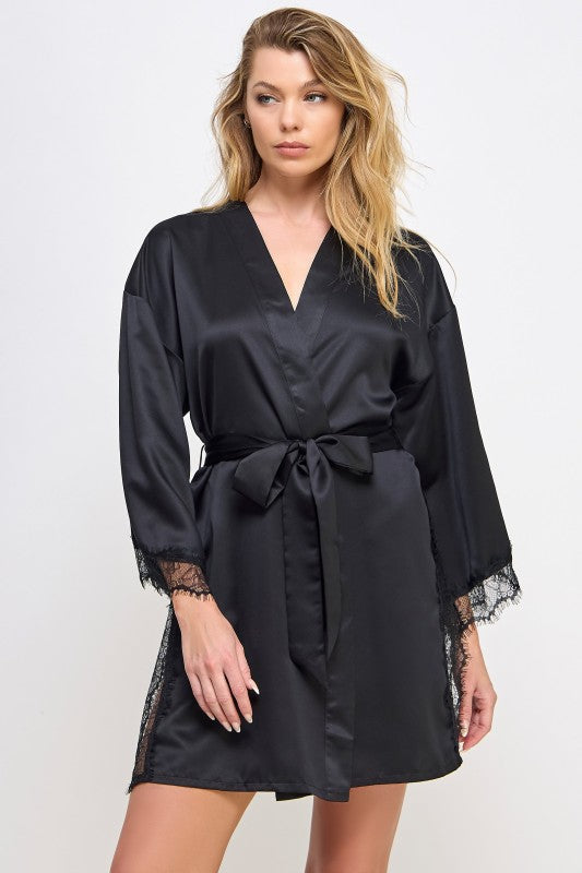 Black satin robe with V-neck and tied waist belt, lace-trimmed sleeve cuffs