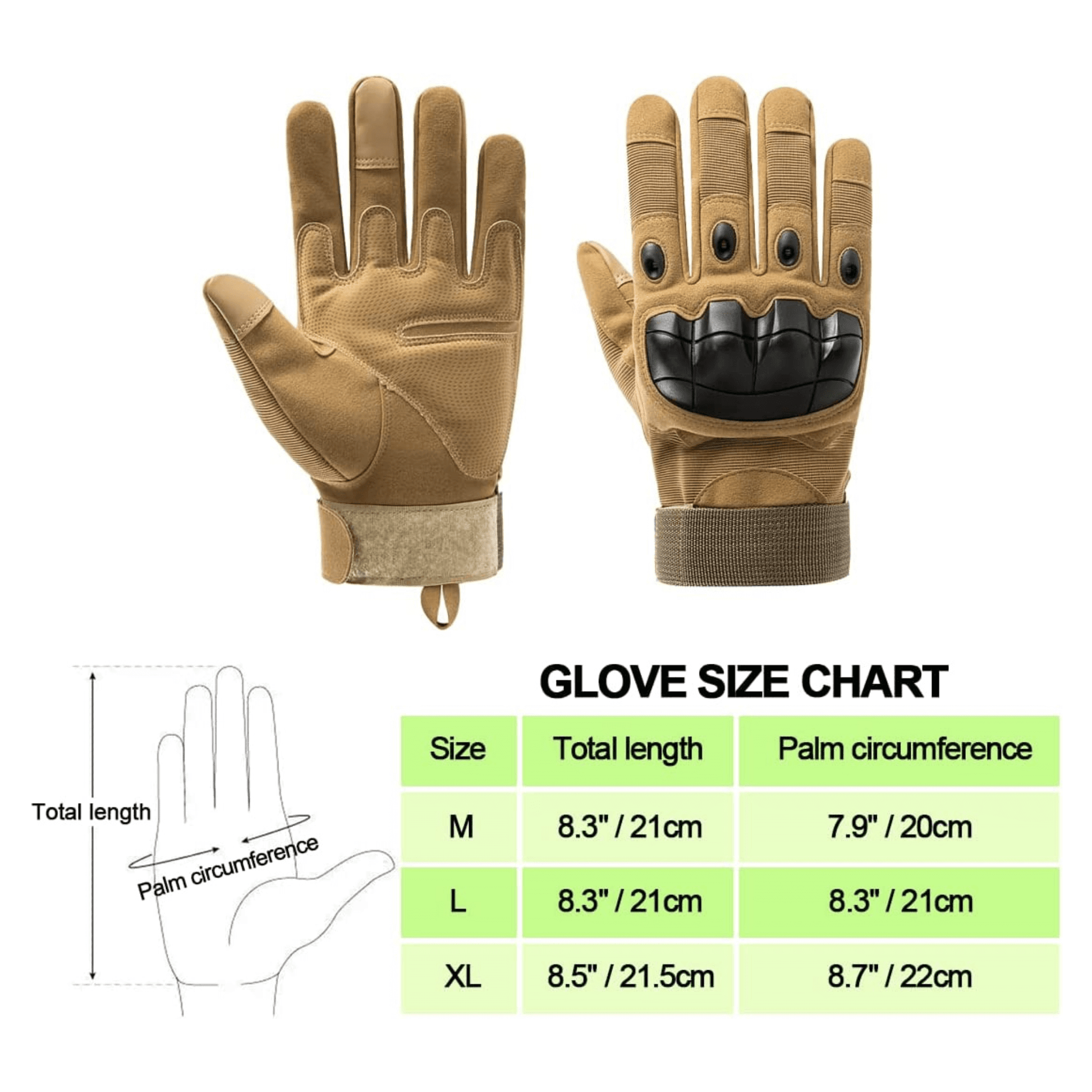 Tan tactical gloves, pair view with knuckle protection and ribbed cuff