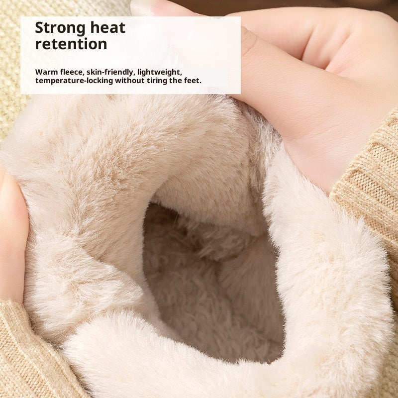 Ankle wrap cotton slippers with plush cream interior lining and ribbed knit cuff