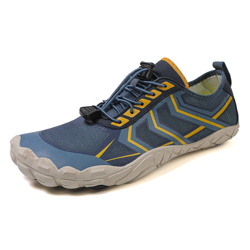 Men and women travel leisure shoes, navy blue with yellow trim, gray sole, lace-up