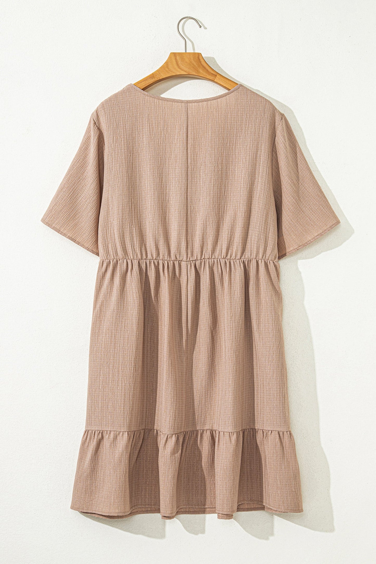 Dark khaki PLUS short-sleeve tiered dress on hanger, gathered waist