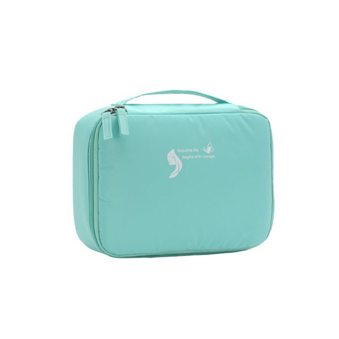 Teal square waterproof cosmetic bag with zipper closure and top carry handle