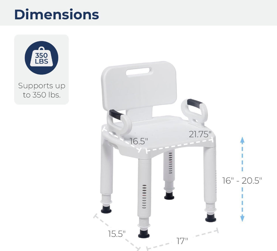 White shower chair with backrest and armrests, adjustable legs with non-slip feet