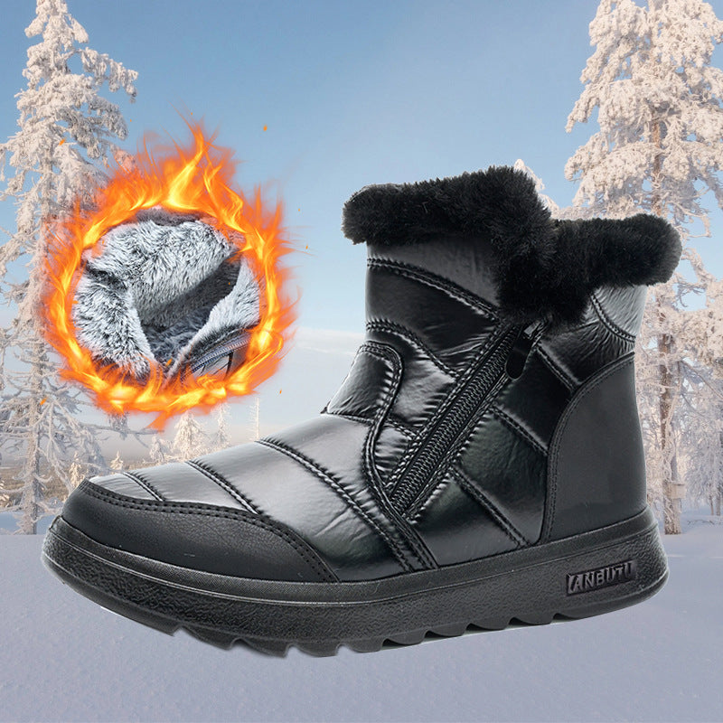 Winter snow boots, black faux-leather with black plush cuff, side zipper, chunky platform sole