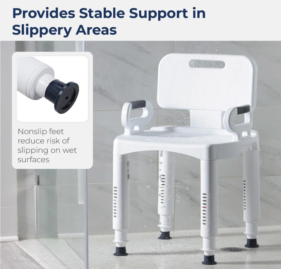 White shower chair with non-slip feet, armrests, seat and backrest