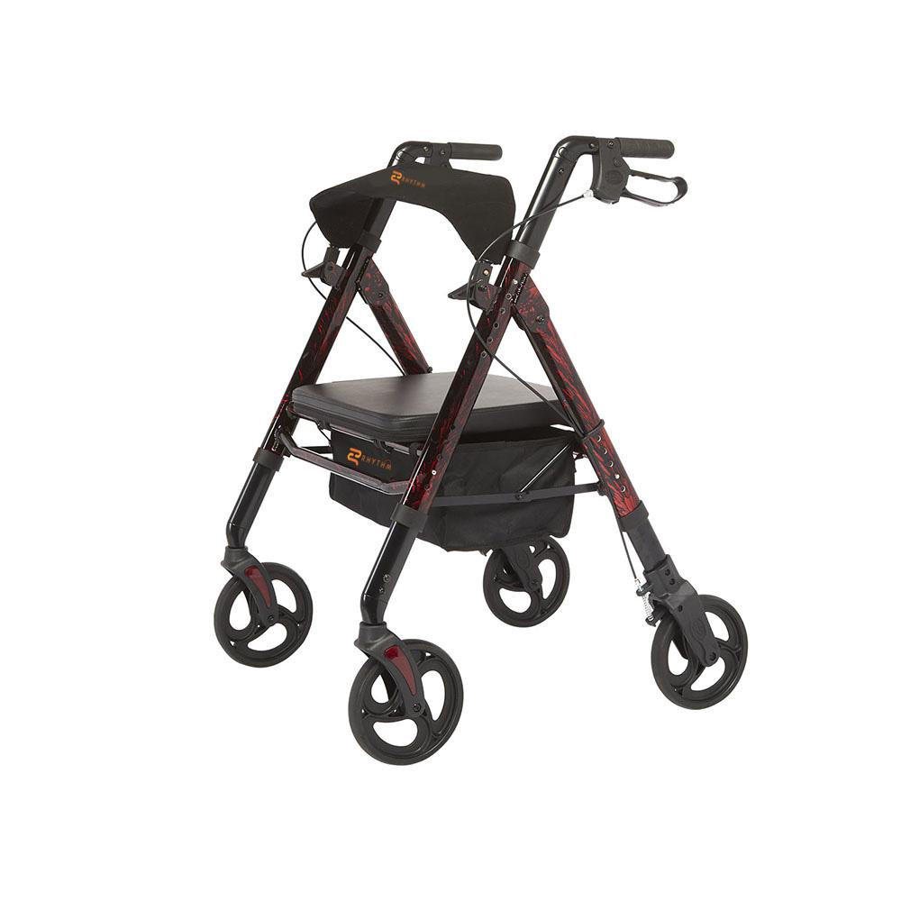 Red patterned bariatric rollator with 4 wheels, padded seat, and height-adjustable handles
