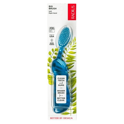 Radius Original right-hand soft toothbrush, blue bristles and handle, in retail pack