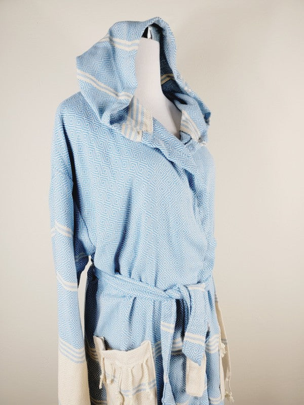 Light blue unisex hooded robe with geometric print, tie waist belt, front pocket panel