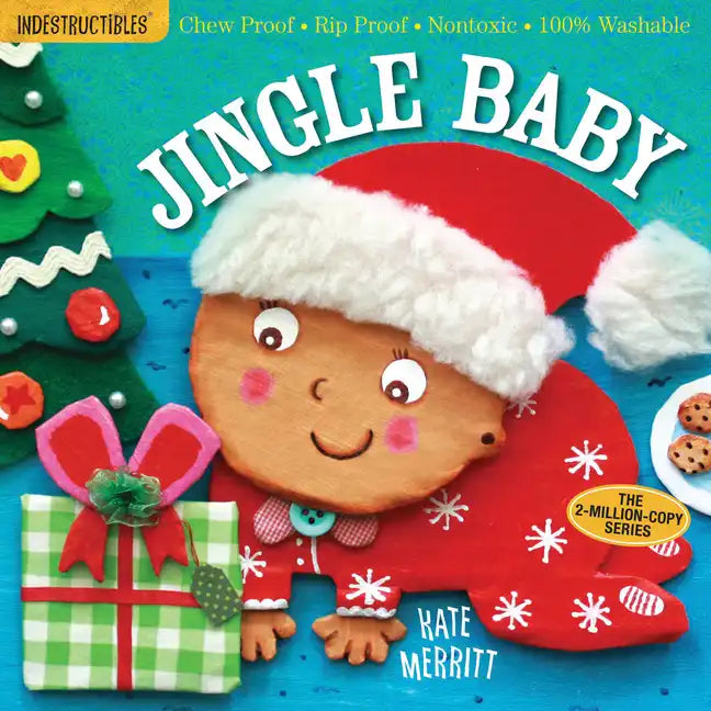 Christmas baby chew-proof book cover with cartoon baby in red Santa suit and gift boxes
