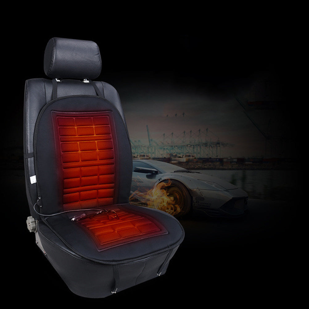 Black heated car seat pad set, with backrest and seat panels glowing red