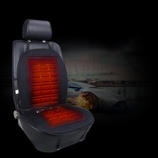 Black heated car seat pad set, with backrest and seat panels glowing red