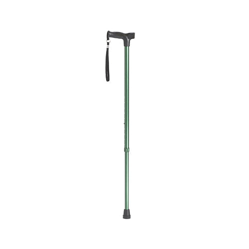 Comfort grip walking cane, adjustable green shaft with black handle and rubber tip
