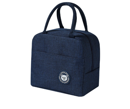 Navy lunch cooler bag with two top handles and round bear logo patch