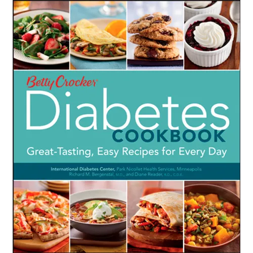 Cookbook cover with teal title 'Diabetes Cookbook' and red Betty Crocker logo