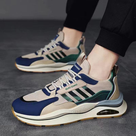 Breathable mesh sneakers in beige, navy, and green with air-cushion sole