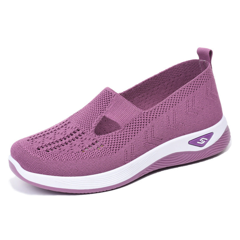 Women’s breathable mesh slip-on shoes, mauve purple with white sole and side logo patch