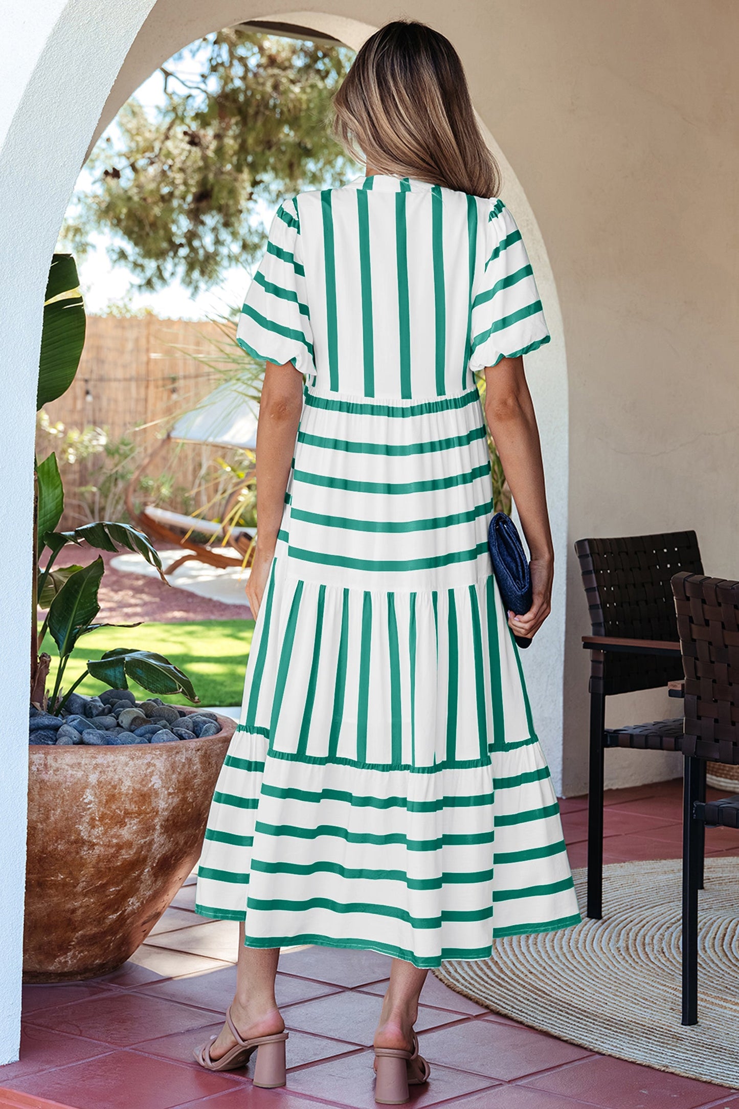 Green and white striped midi dress with half sleeves, back view