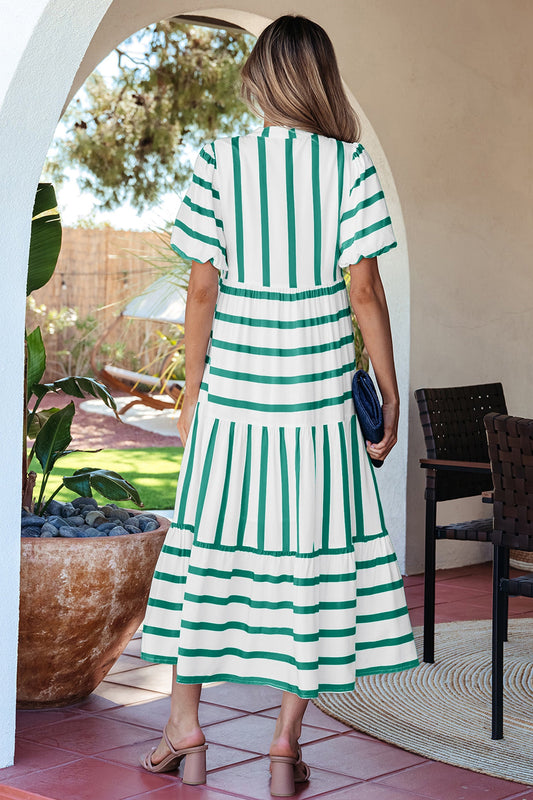 Green and white striped midi dress with half sleeves, back view