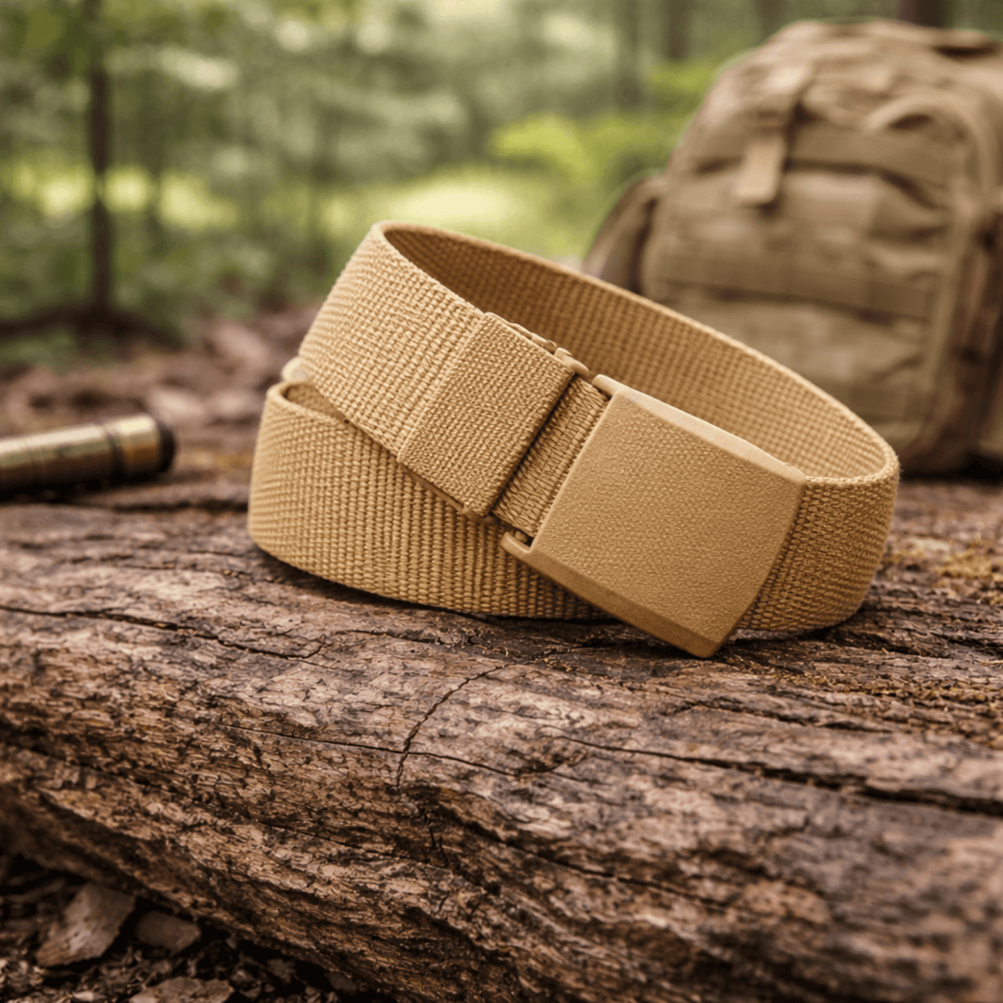 Adjustable nylon belt with plastic buckle, tan webbing on outdoor surface, buckle front view.
