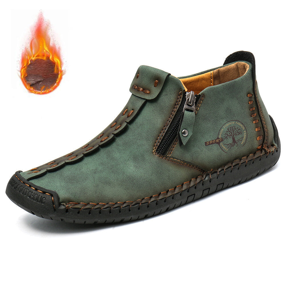 Men's fleece-lined zip-up padded boots, green leather upper, stitched tread sole