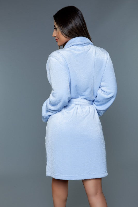 Light blue hooded robe with belt tie, back view.