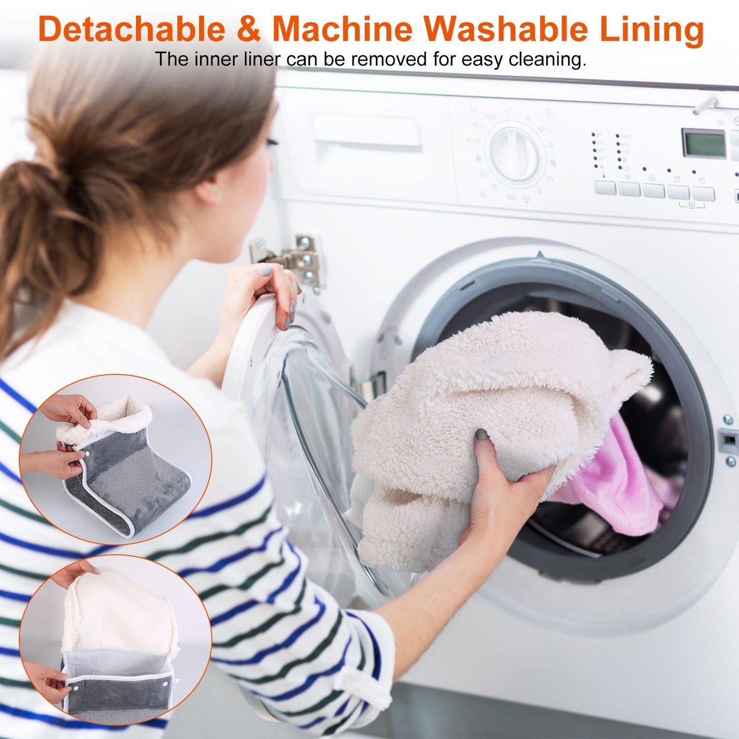 Detachable inner lining of gray heated foot warmer being removed for cleaning