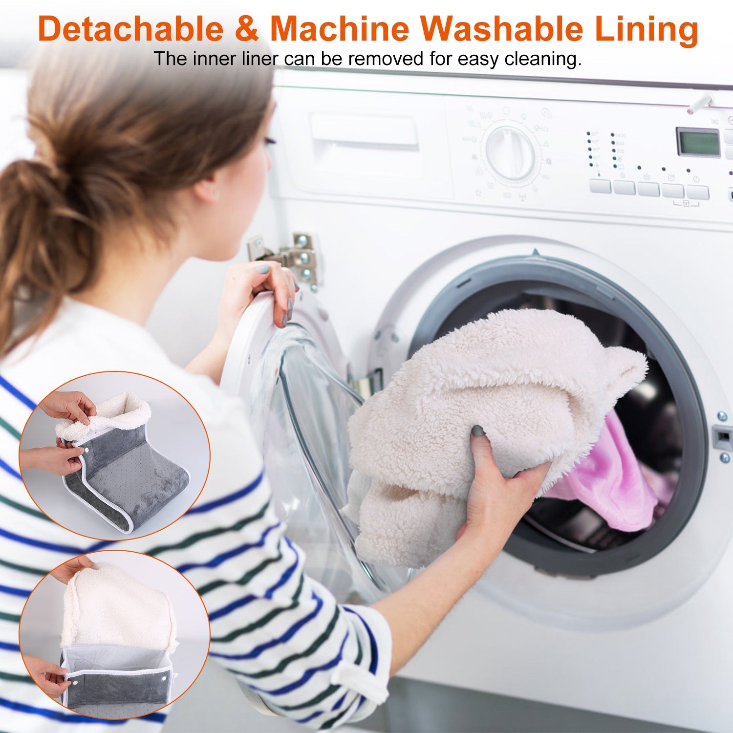 Detachable inner lining of gray heated foot warmer being removed for cleaning