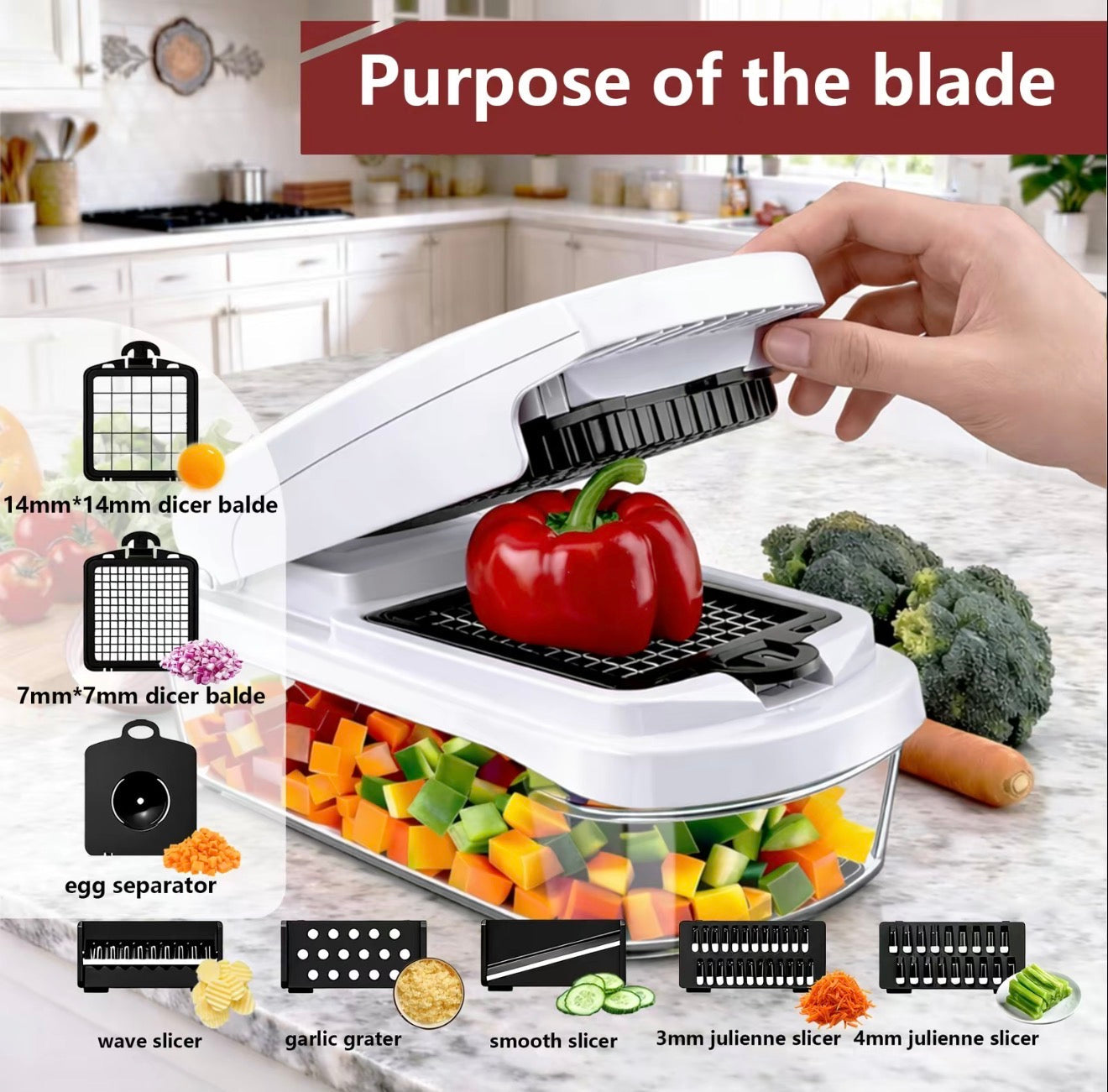 Multi-blade vegetable chopper holding a red pepper with visible black blade attachments