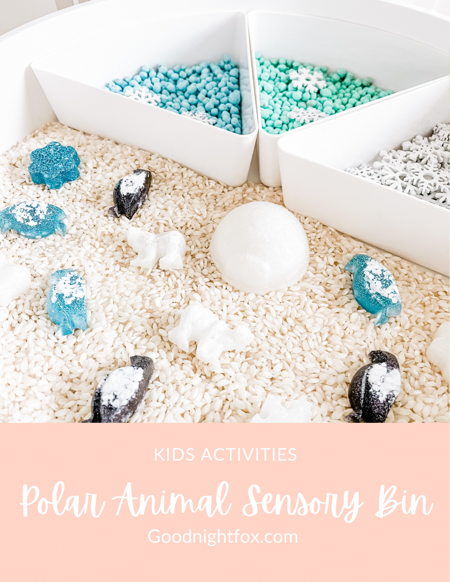 Frosty sensory bin with white and teal textured beads and penguin and polar bear pieces