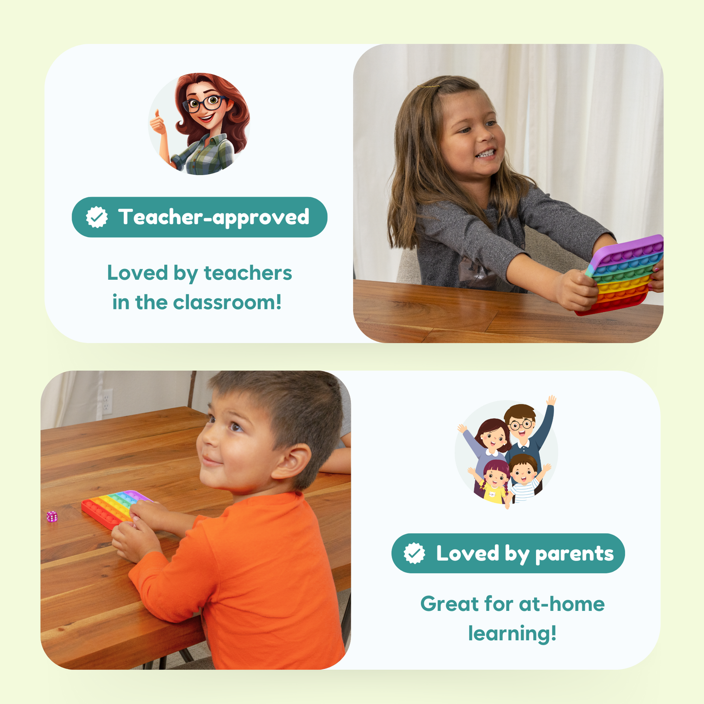 Child holding a colorful fidget game while seated at a table with learning cards