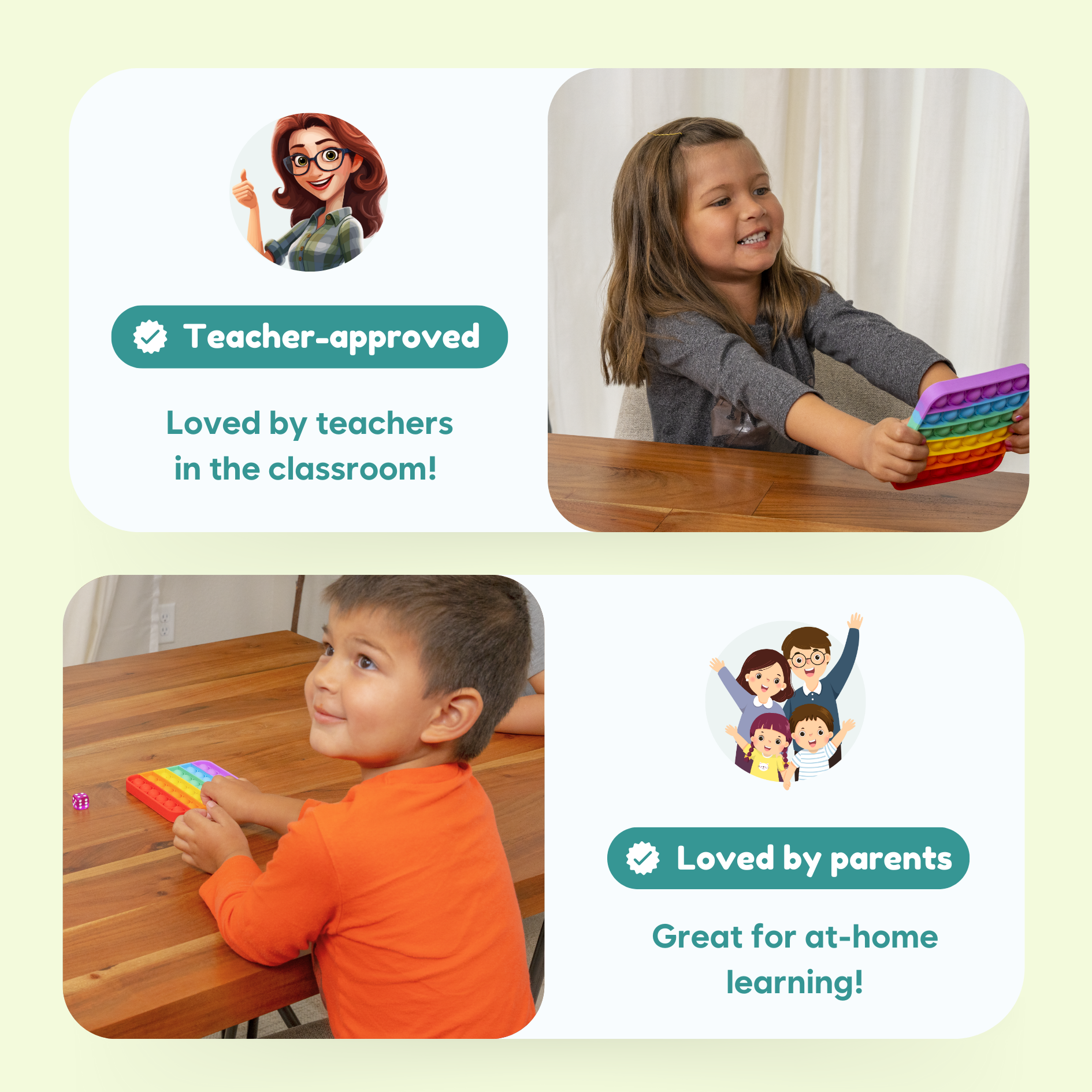 Child holding a colorful fidget game while seated at a table with learning cards
