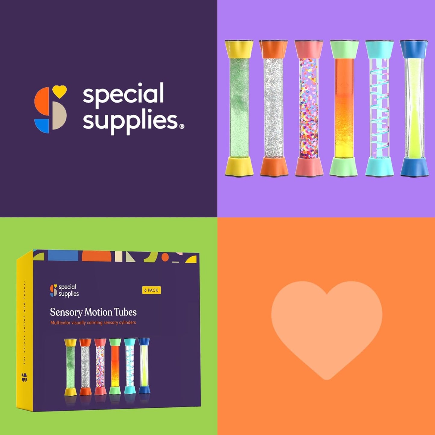 6-pack sensory motion tubes with assorted colored caps and glitter, bead, and clear chambers