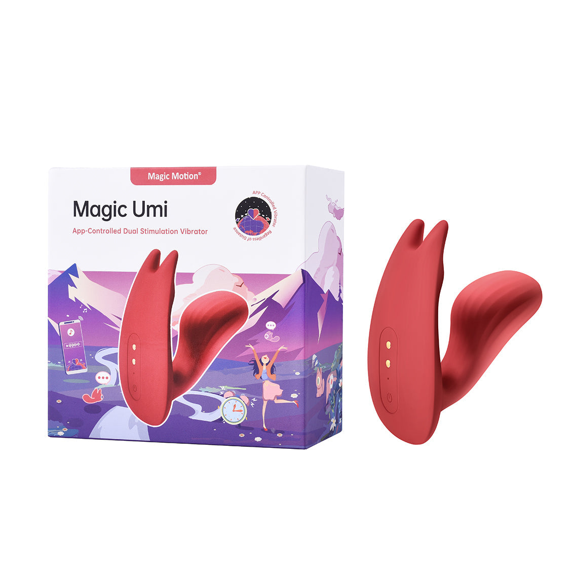Dual stimulation vibrator with red silicone body and two curved tips; includes product box