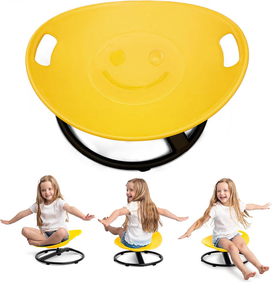 Yellow kids spinning chair with smile face and side handles on a black base